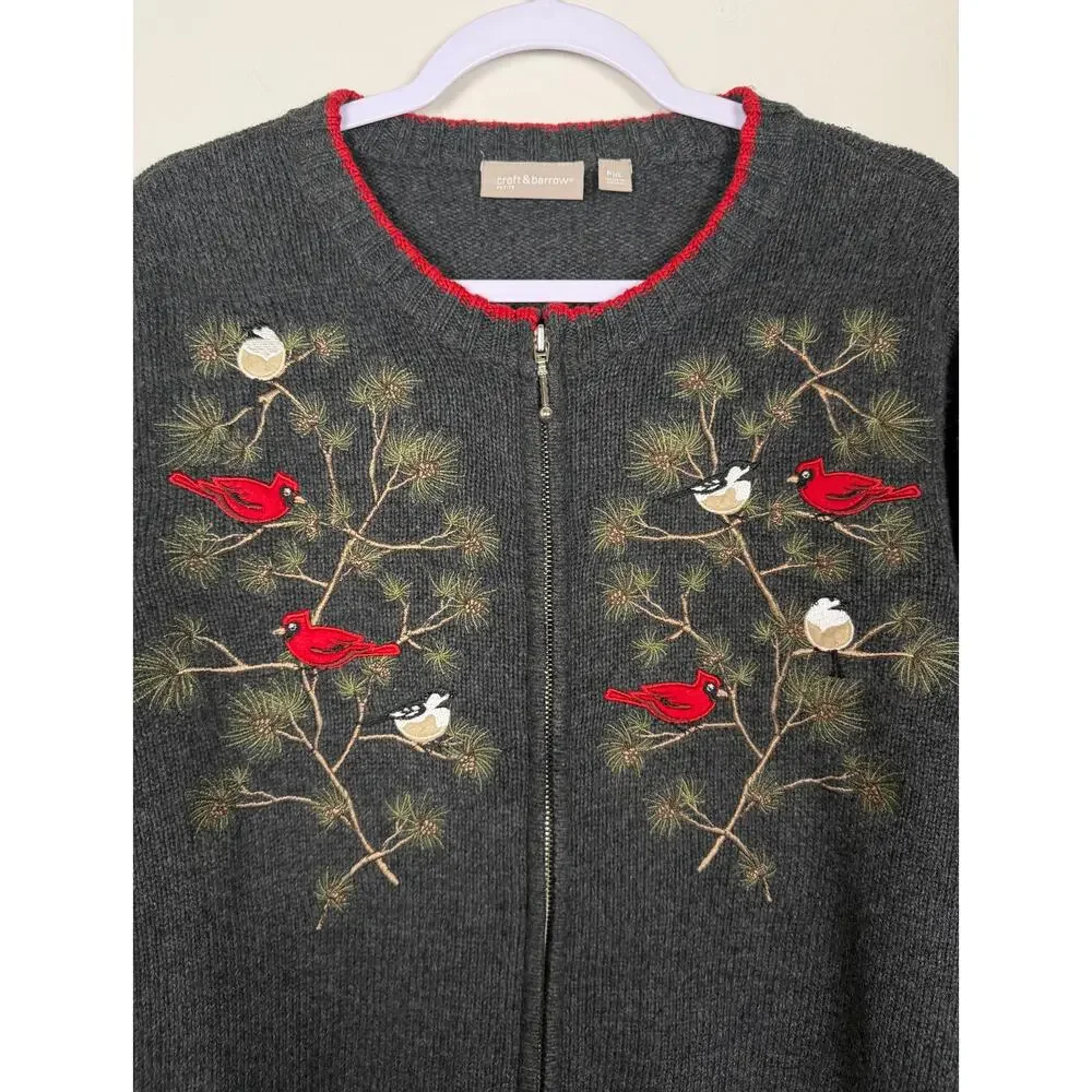 Croft & Borrow Bird Embroidered Sweater Jacket Gray XL Petite Cardinal - Picture 2 of 9